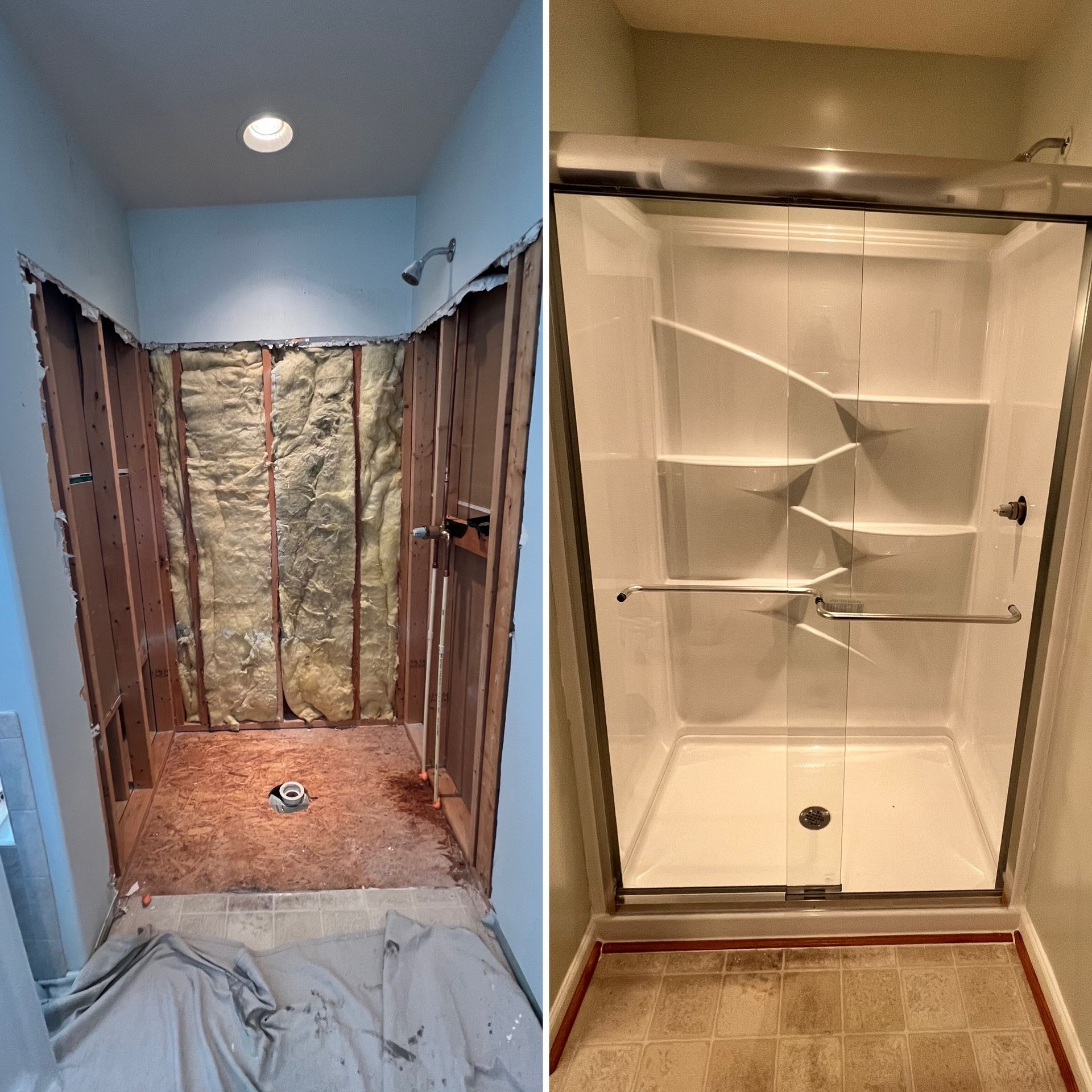 Bathroom renovation: Before (exposed studs, insulation) and after (white shower stall, glass doors).