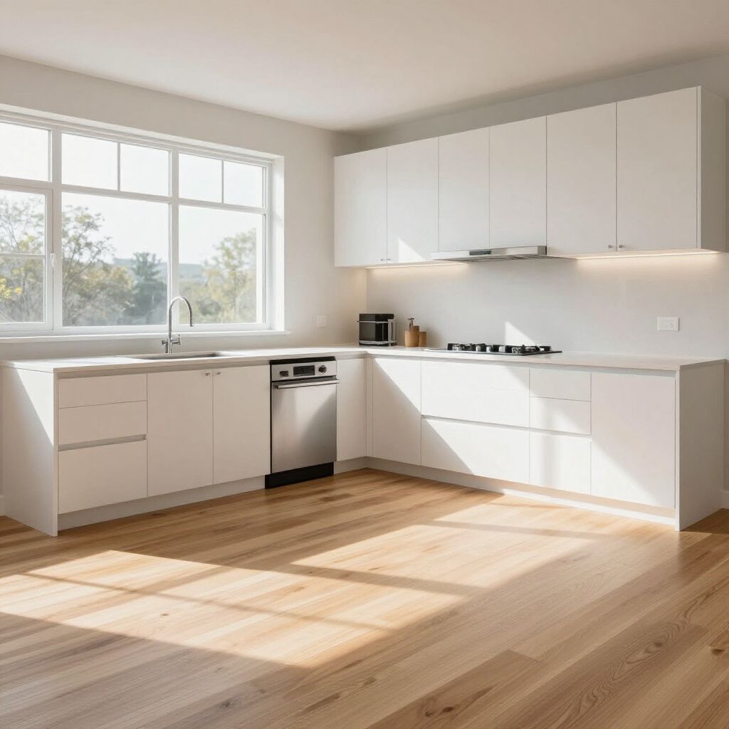 Modern white kitchen with a window, hardwood floor, and stainless steel appliances.