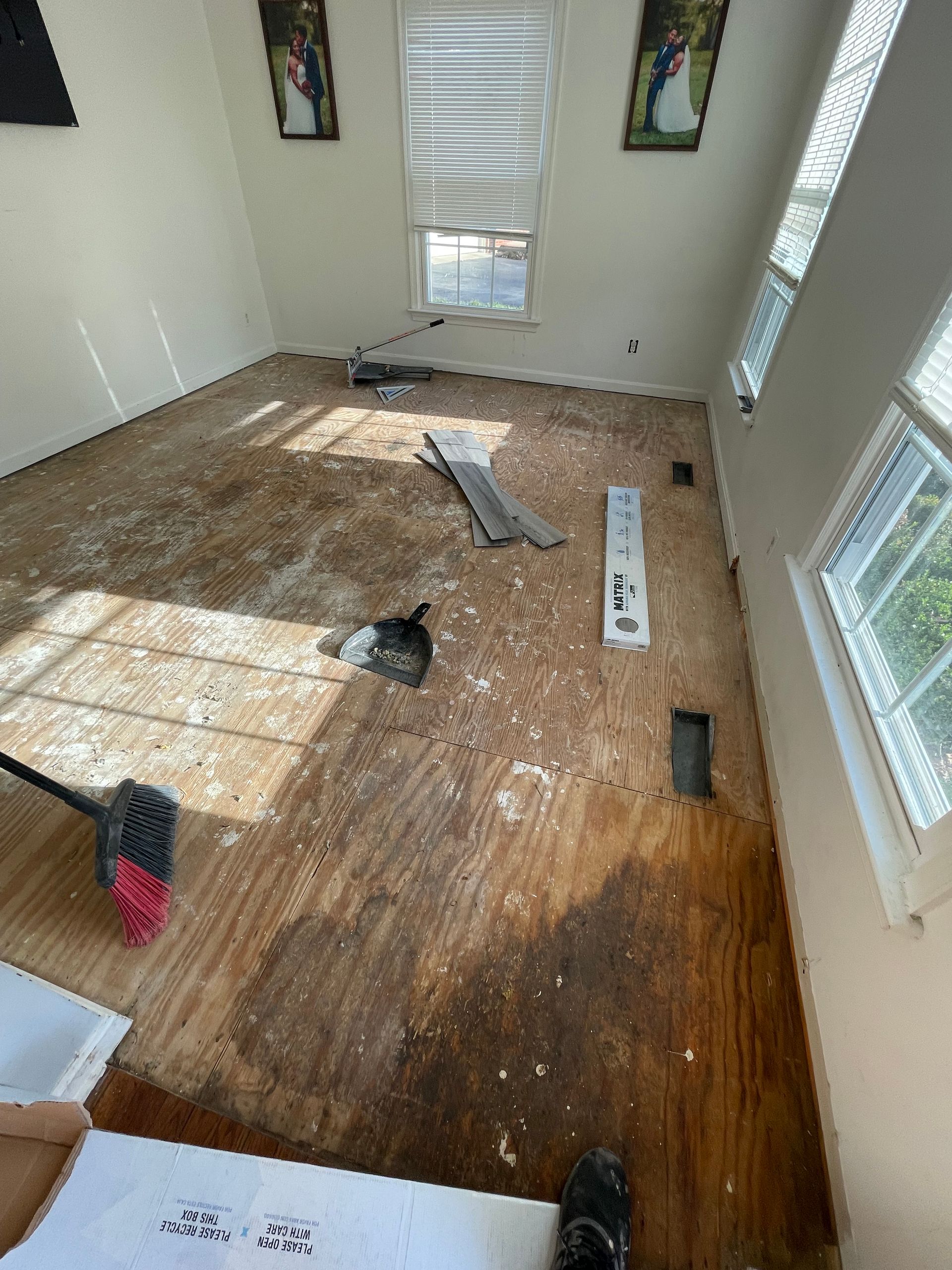 Room with exposed subfloor, windows, and debris. Sunlight streams in.