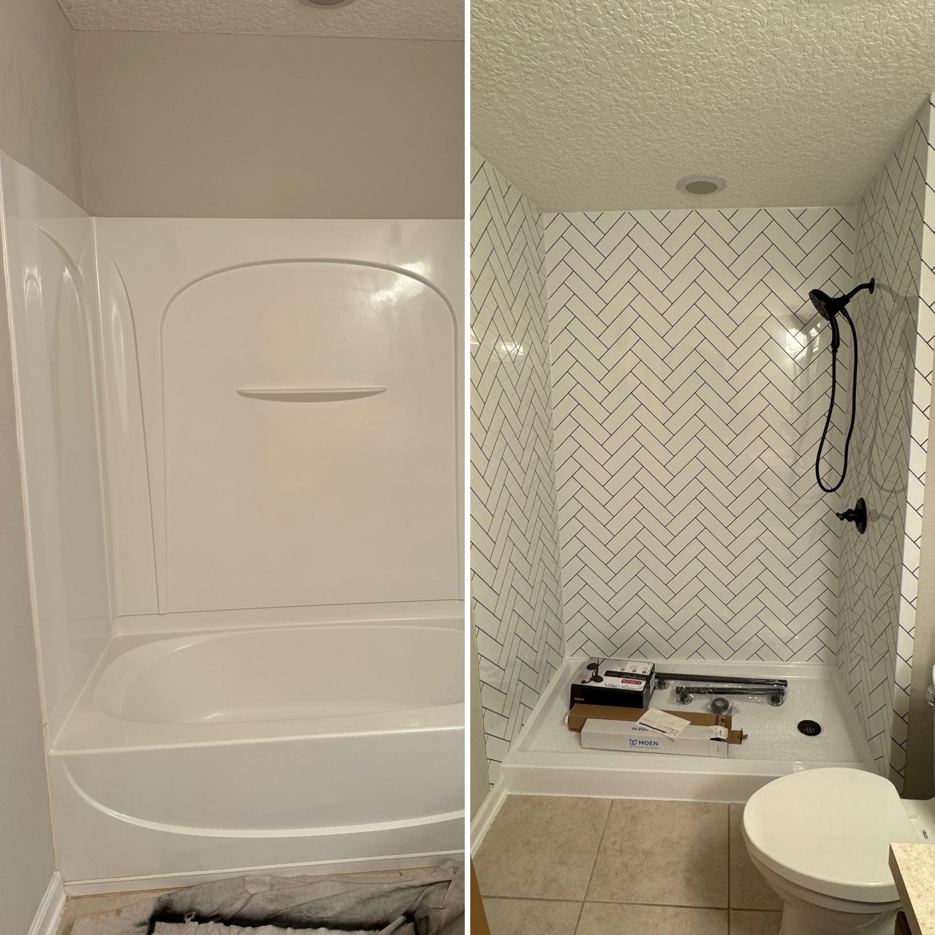 Bathroom renovation before and after: white tub/shower replaced with tiled shower, new showerhead.
