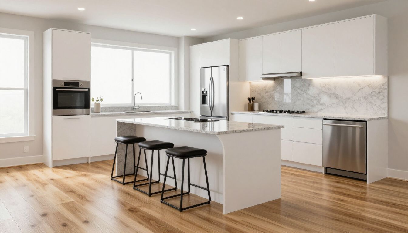 Modern white kitchen with island, stainless steel appliances, and hardwood floors.