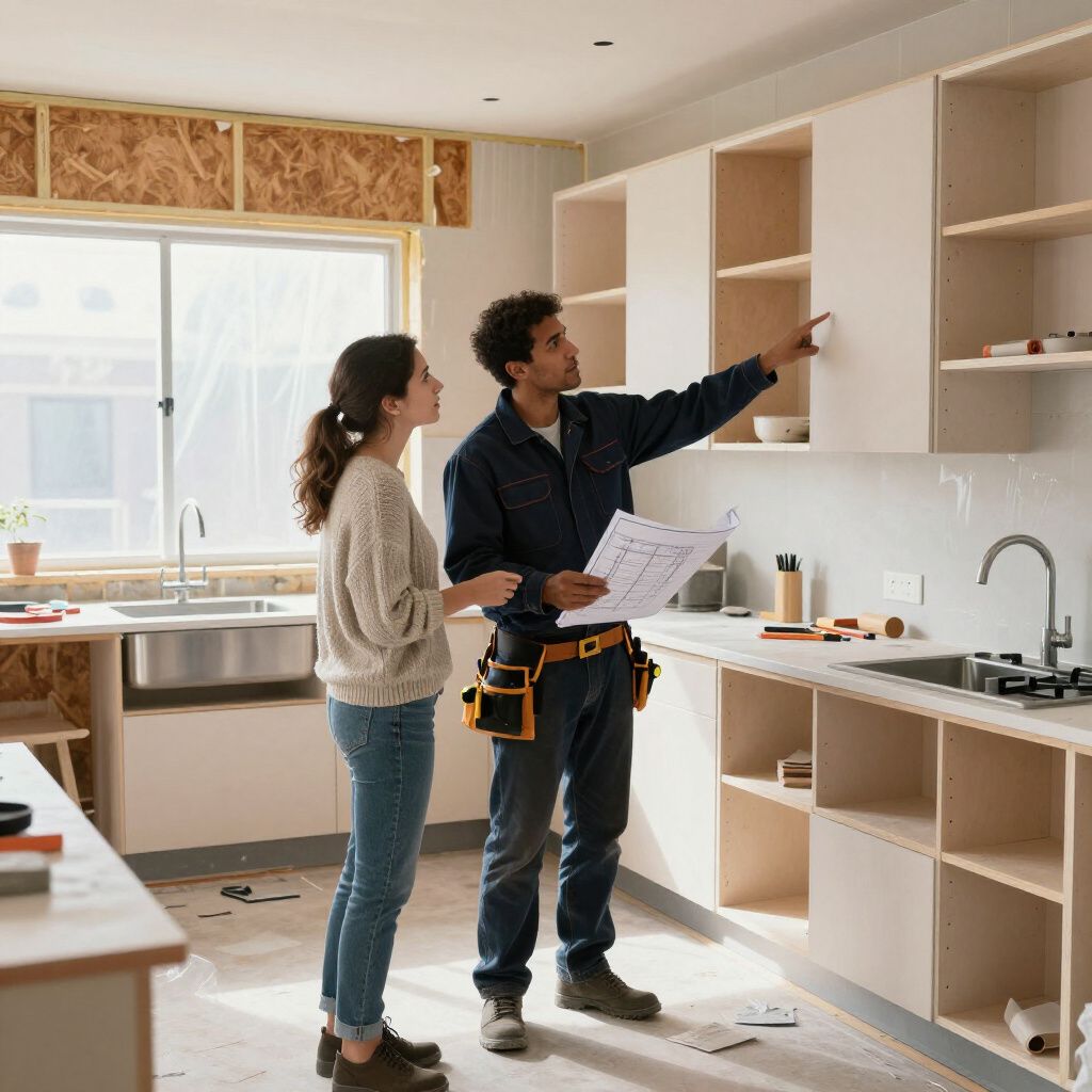 Couple discussing kitchen cabinet installation; contractor points at a cabinet, holding blueprints.