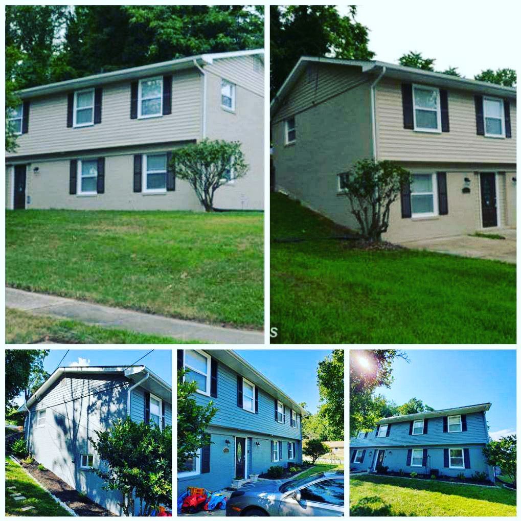 Five images of a two-story duplex, each with different exterior paint colors.