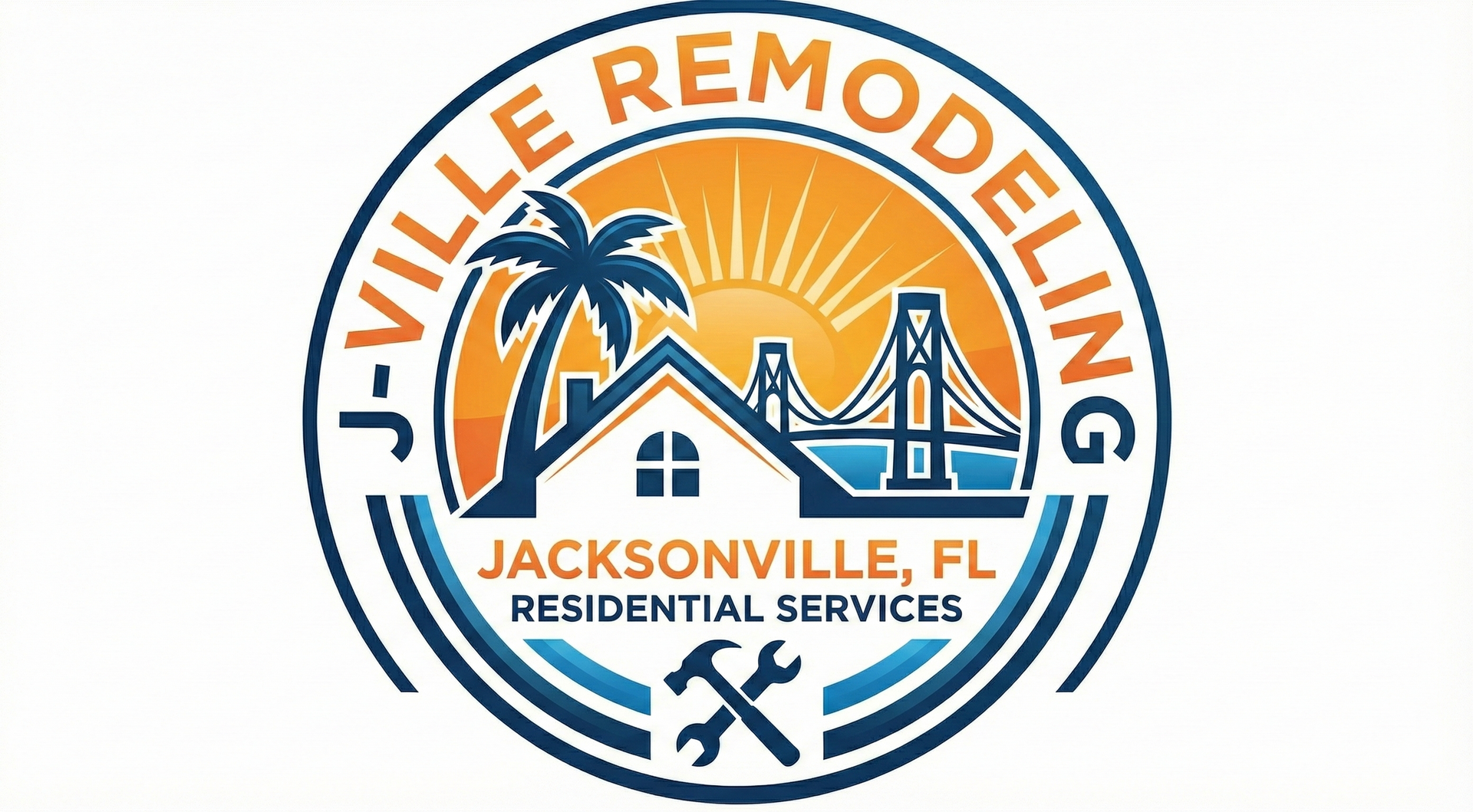 Logo for J-Ville Remodeling, Jacksonville, FL. Features a bridge, palm tree, sun, and house, with a wrench and hammer.