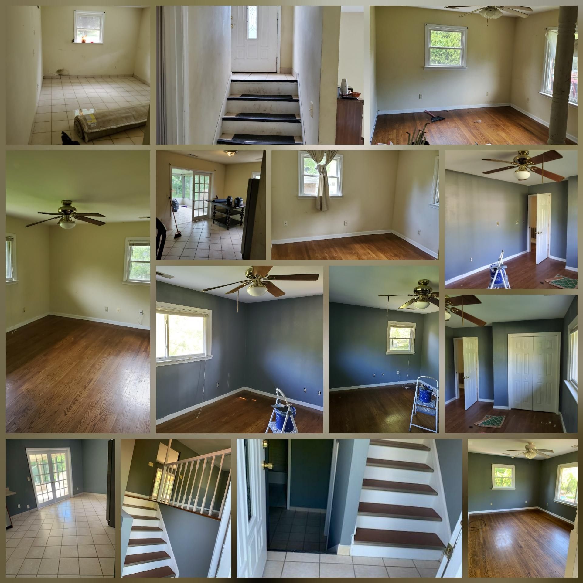 Renovation of a house interior; various rooms with dark wood floors, grey walls, and white trim.