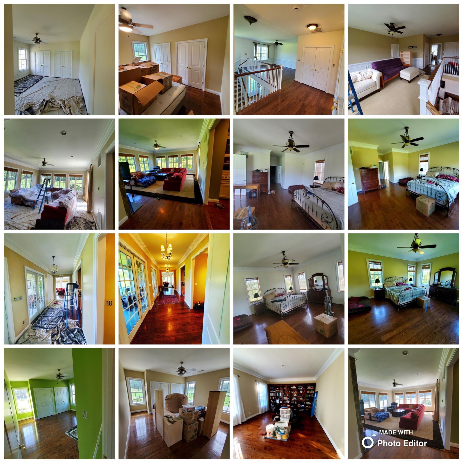 Collage of interior house photos, featuring rooms like bedrooms, hallways, and living areas.