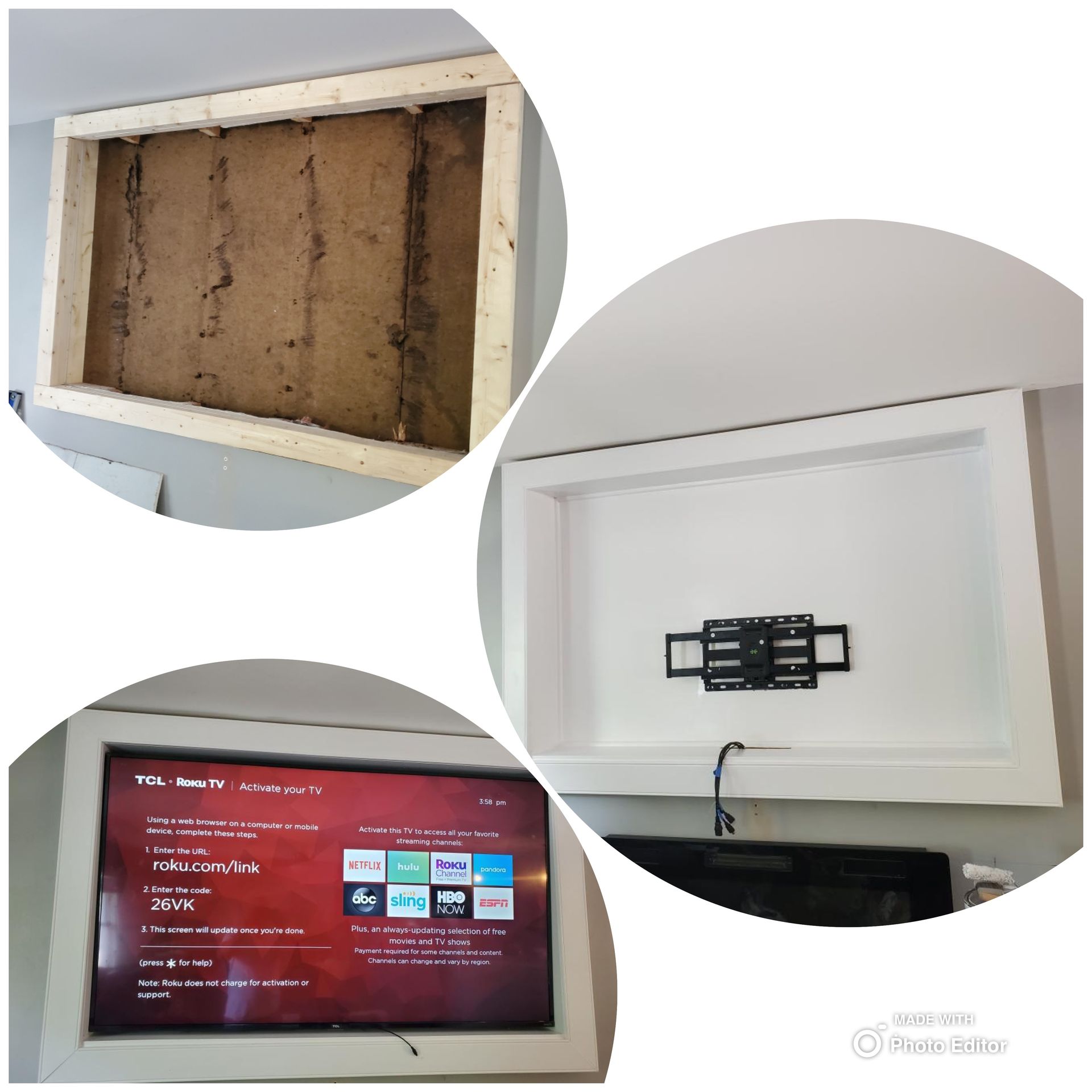 Stages of TV installation: framed niche, mount, and TV in the white-trimmed recessed space.
