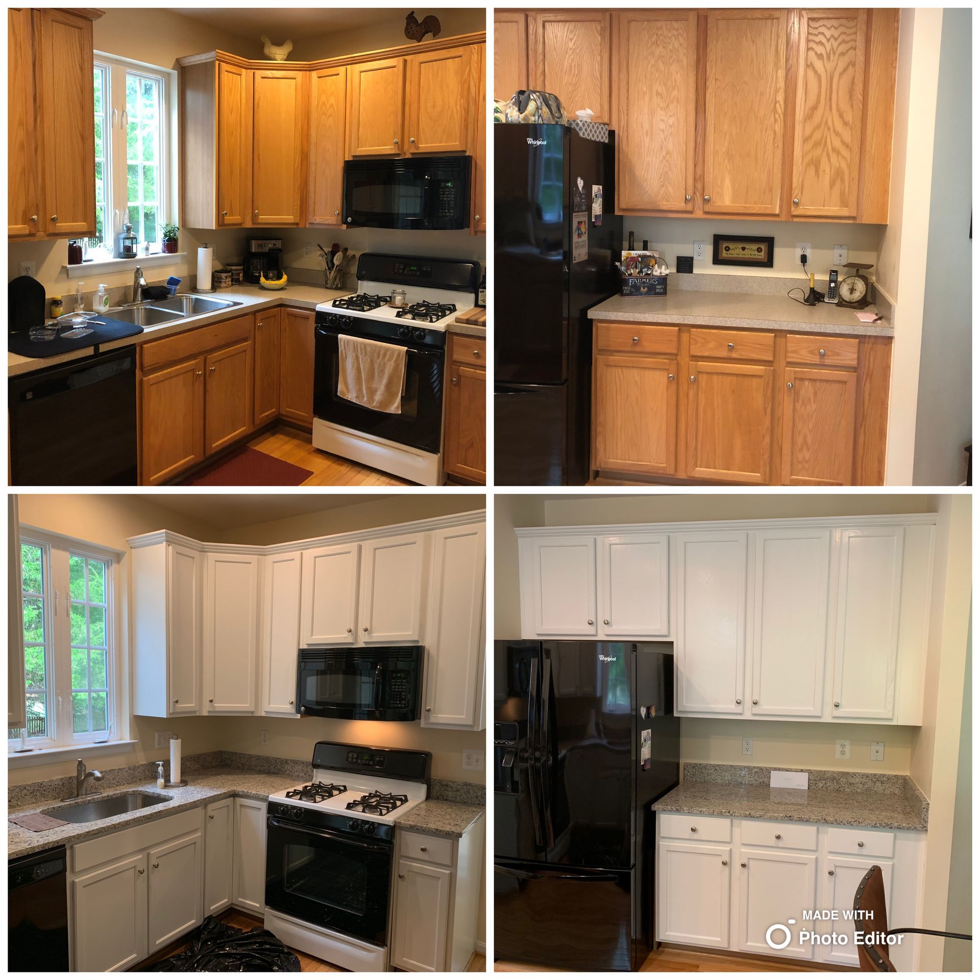 Kitchen cabinet transformation: oak cabinets (top) painted white (bottom).