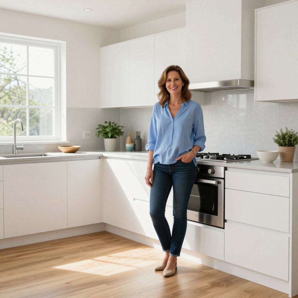 Woman in blue shirt and jeans smiles in a white, modern kitchen with wood floors.