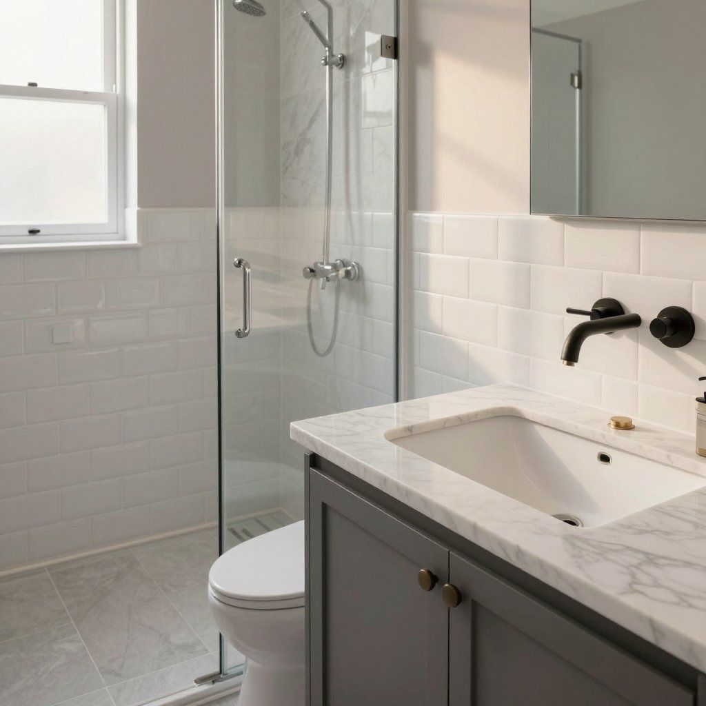 Bathroom with glass shower, white subway tile, gray vanity, and sink.