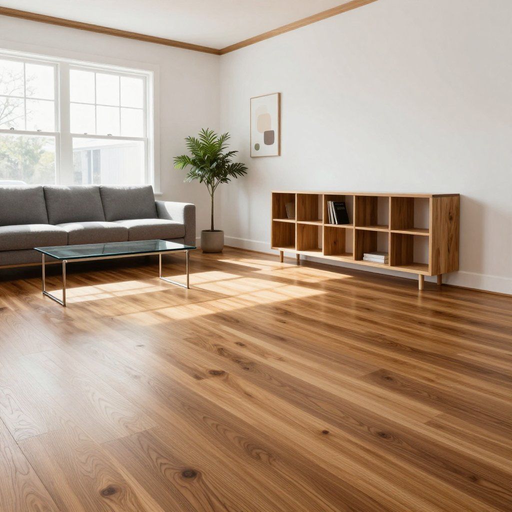 Living room with hardwood floors, a gray sofa, wooden shelves, and natural light from a window.