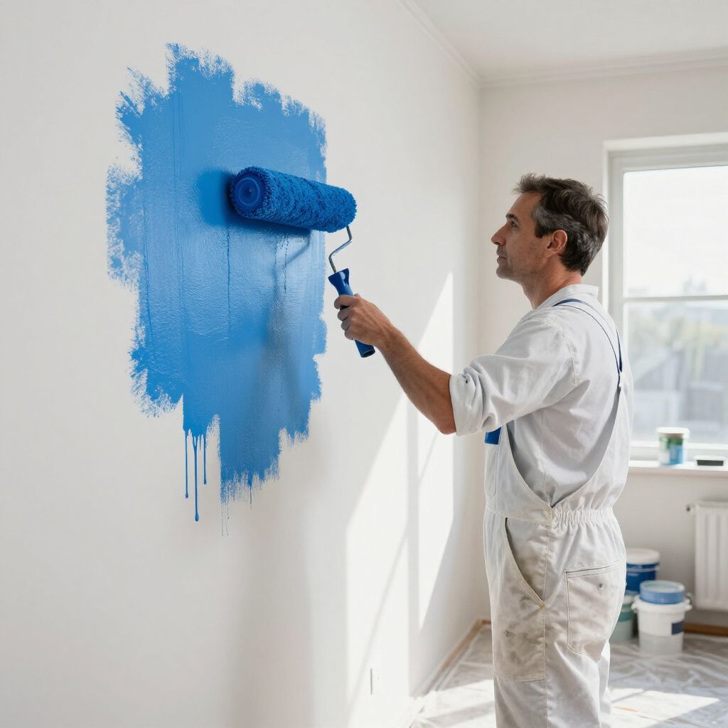 Man in white overalls painting a blue patch on a white wall with a roller; sunny room.