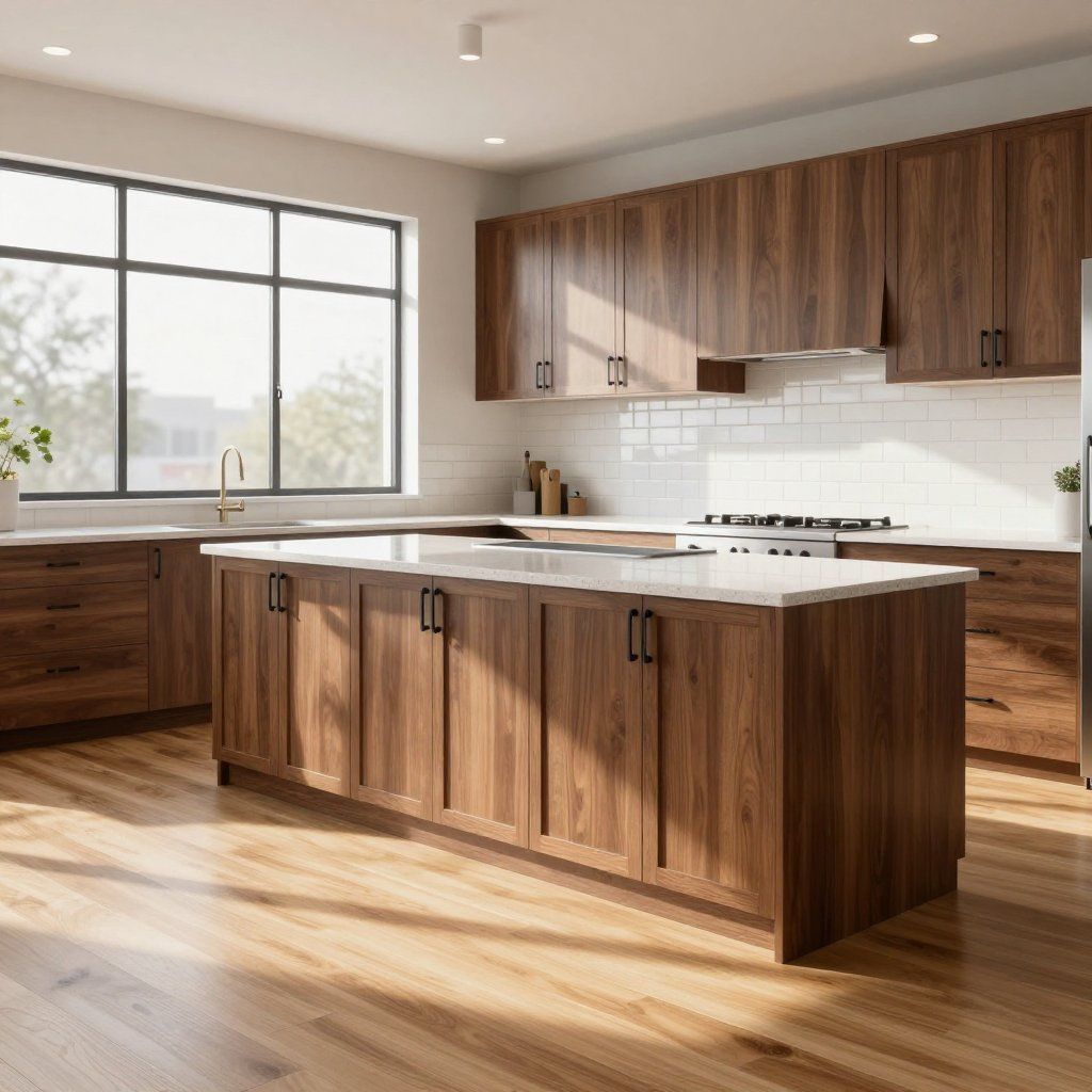Modern kitchen with walnut cabinets, white countertops, and a large window.