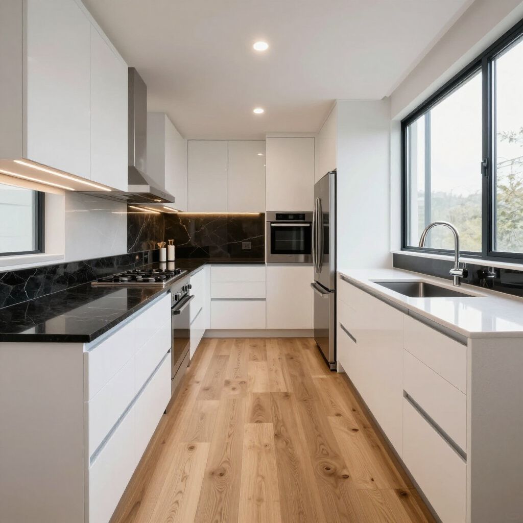 Modern, white kitchen with black countertops and stainless steel appliances; wood floors.
