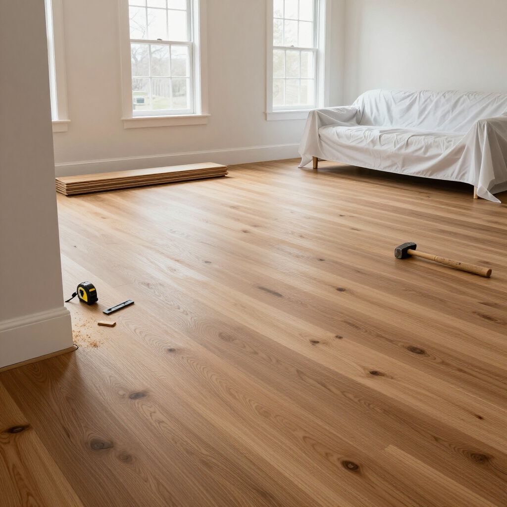 Newly installed hardwood floor in a room with white walls and windows; hammer and tape measure present.