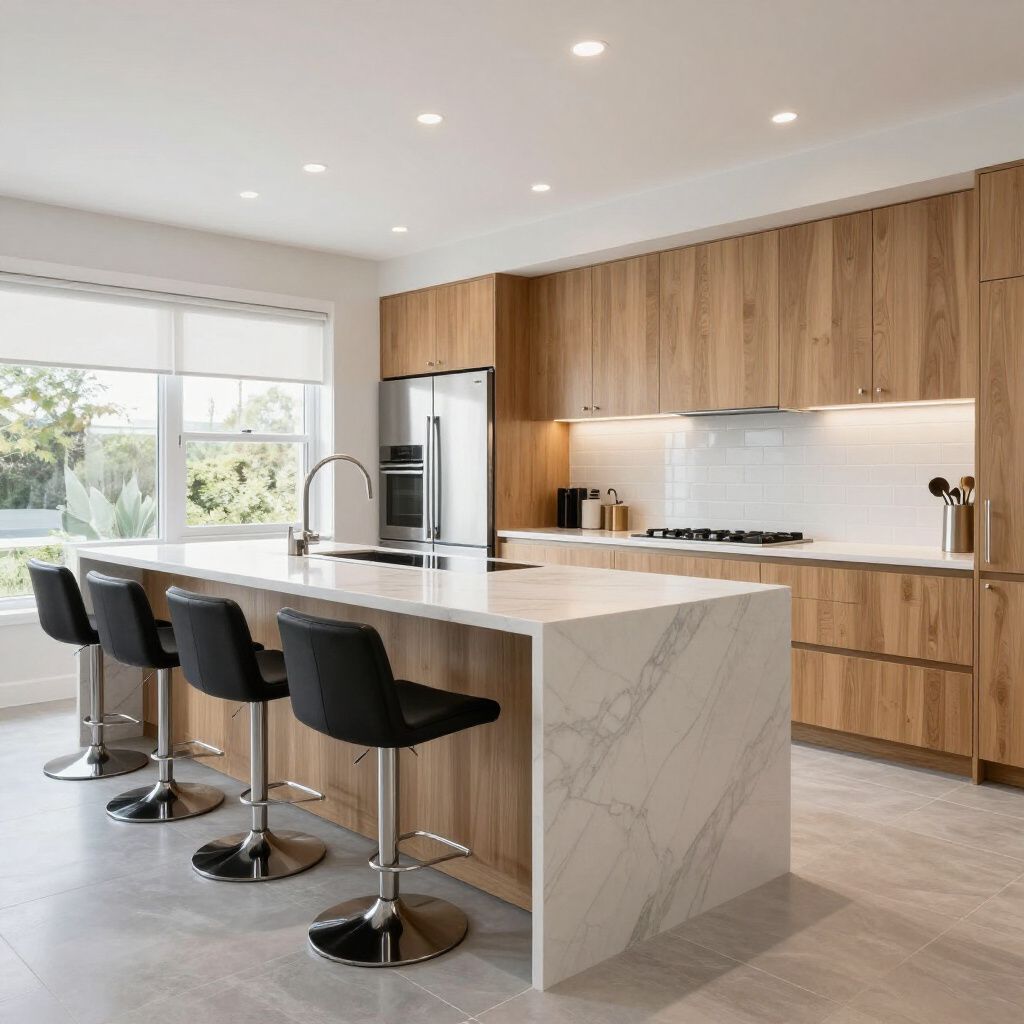 Modern kitchen with a light-colored wood design, island with marble countertop, and black bar stools.