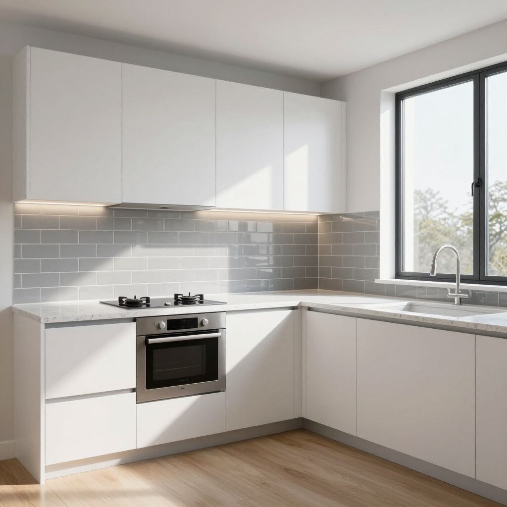 Modern white kitchen with cabinets, oven, stove, sink, and window.