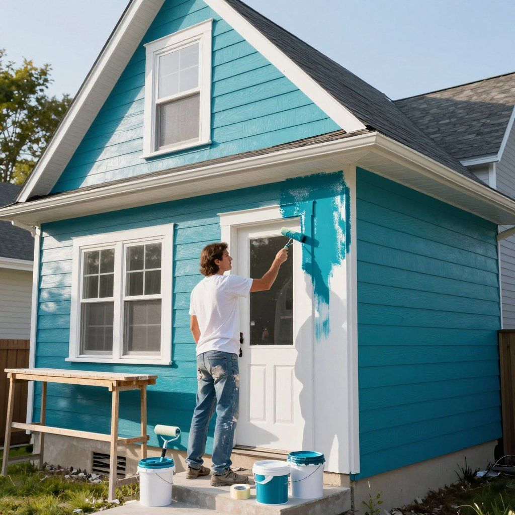 Man painting a turquoise exterior door and wall of a blue house, holding a paint roller.