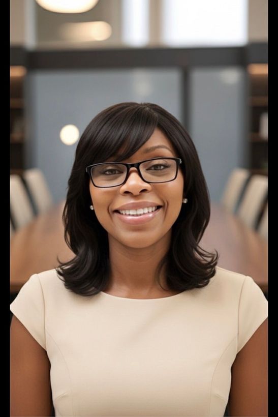 Woman wearing glasses smiles in a beige dress, in a conference room.