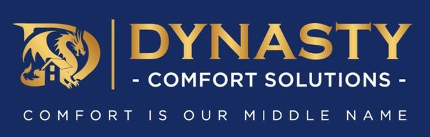 Dynasty Comfort Solutions logo with a golden dragon, on blue background. The tagline is