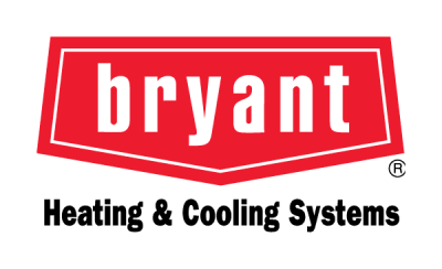 Bryant Heating & Cooling Systems logo in white text on red, hexagonal background.