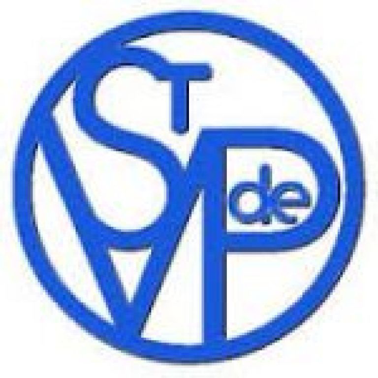 Blue circular logo with stylized white “SWP” letters and a small “de” inside the P.