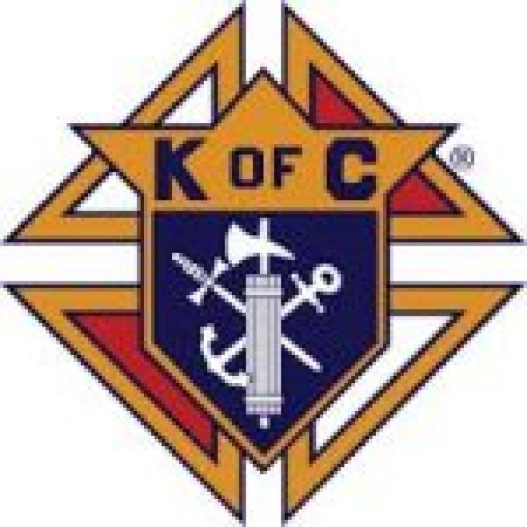Knights of Columbus emblem with gold, red, and blue shield and anchor, sword, and cross symbols