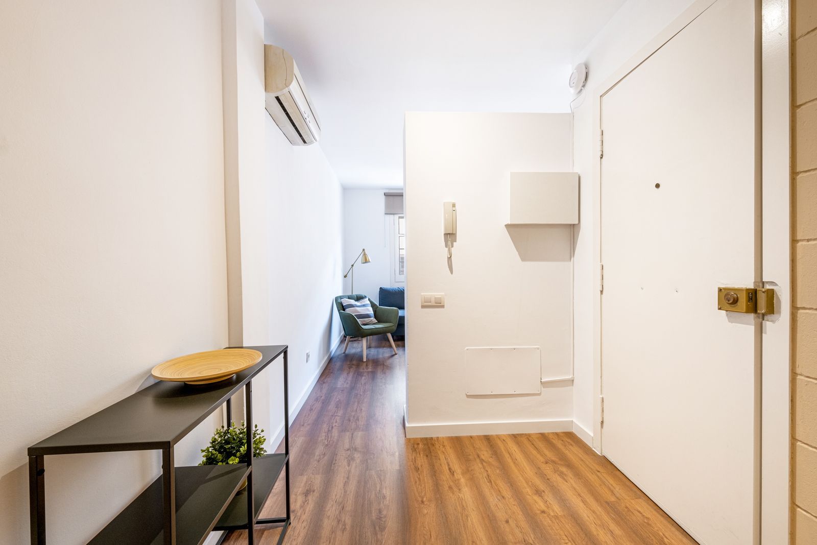 A hallway with wooden floors and a white door leading to a living room.
