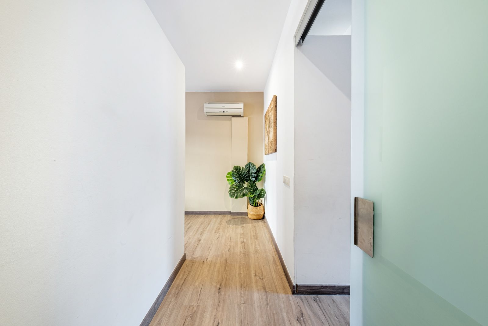 A long hallway with a sliding glass door and a potted plant on the wall.