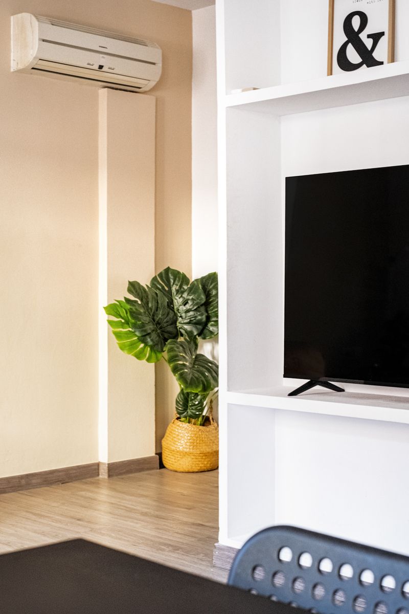 A living room with a television , air conditioner , and potted plant.
