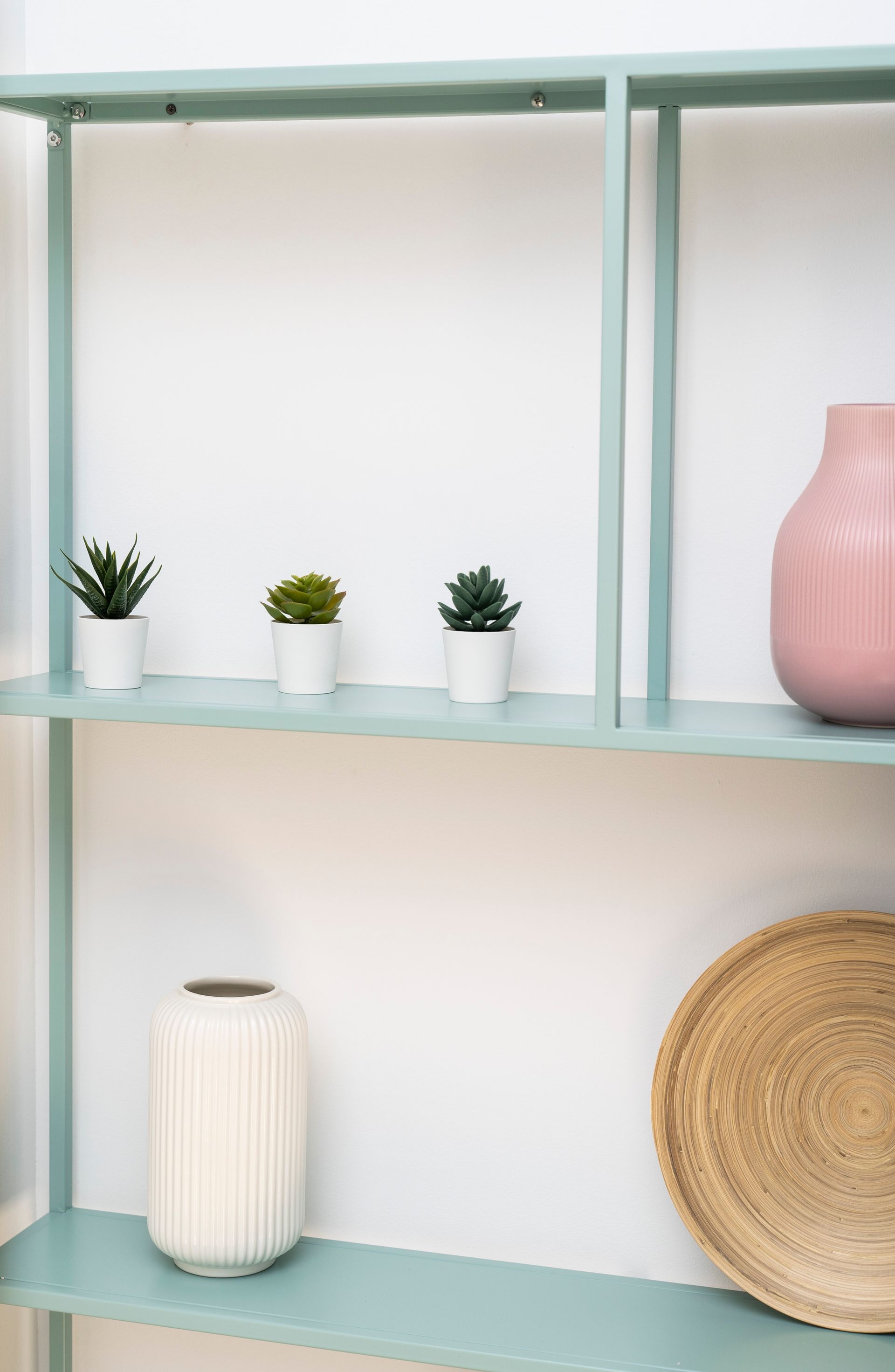 A shelf with potted plants and vases on it.