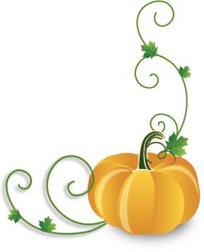 A yellow pumpkin with green vines and leaves on a white background