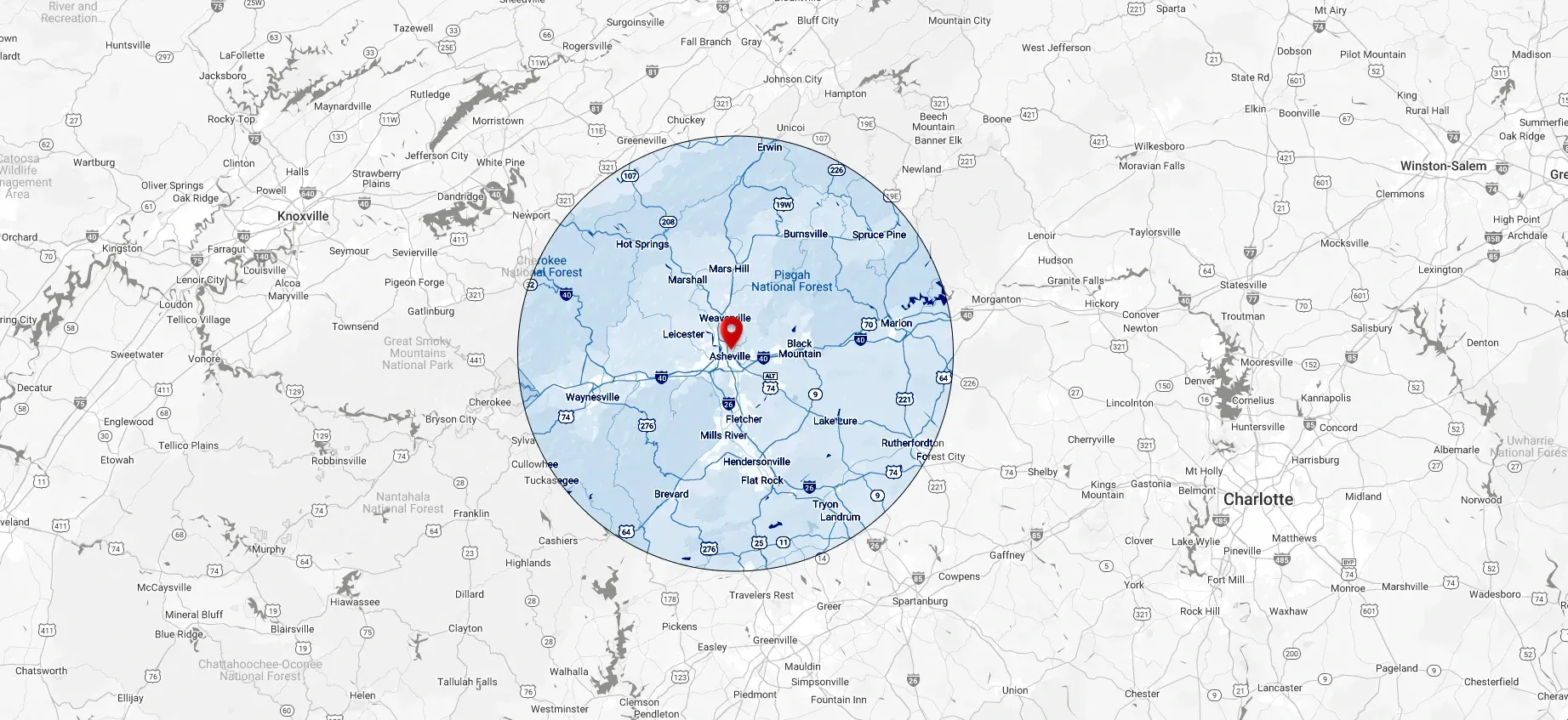 Map with a blue circle around a central point, likely indicating an area of focus.