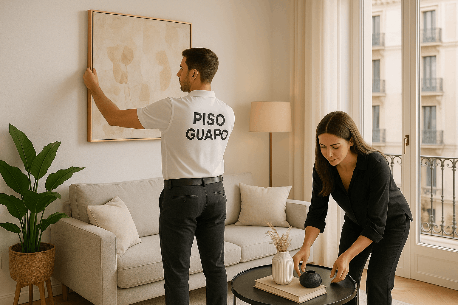 Foto de dos personas decorando un piso