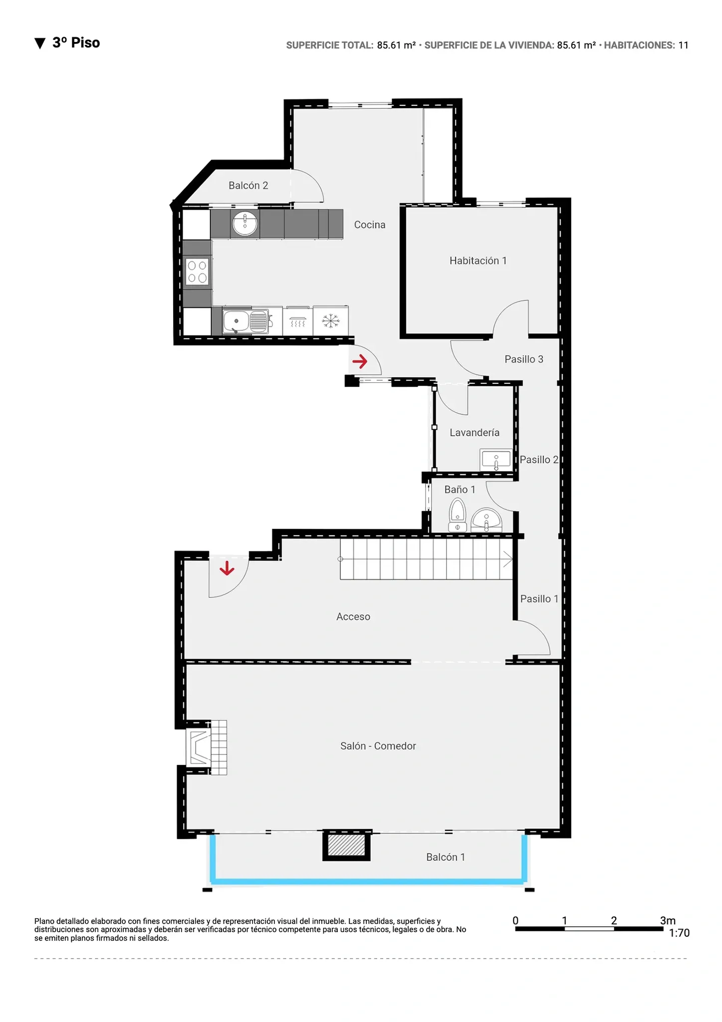 Plano inmobiliario 2D sin medidas del tercer piso en Barcelona con salón comedor, cocina, habitación, baño, lavandería y balcones