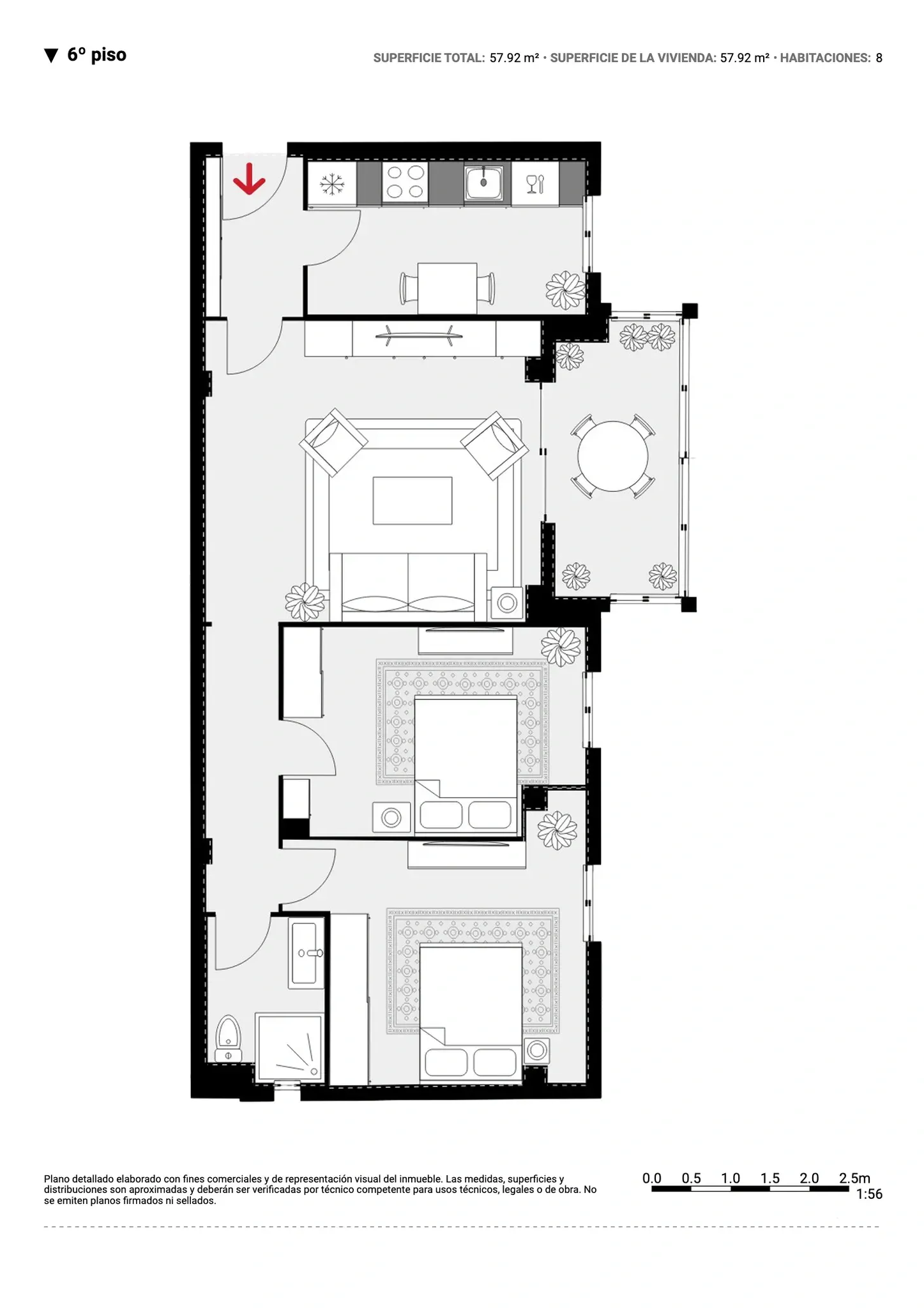 Plano inmobiliario 2D sin medidas del sexto piso en Barcelona con salón comedor, cocina, dos habitaciones, baño y balcón