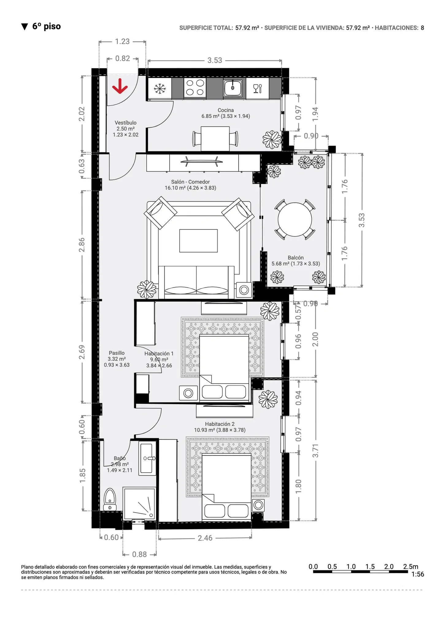 Plano inmobiliario 3D sin medidas del sexto piso en Barcelona con salón comedor, cocina, dos dormitorios, baño y balcón amueblado