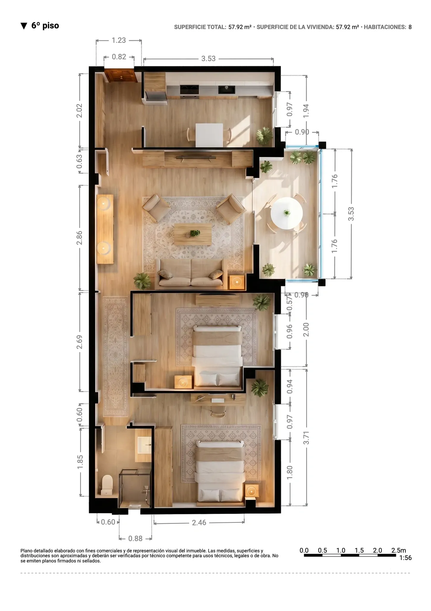 Plano inmobiliario 3D con medidas del sexto piso en Barcelona, vivienda de 57,92 m² con salón comedor, cocina, dos dormitorios, baño y balcón