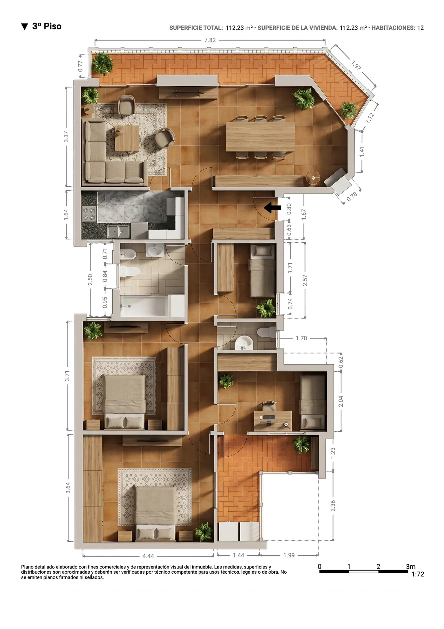Plano inmobiliario 3D con medidas del tercer piso en Barcelona, vivienda de 112,23 m² con salón comedor, cocina, habitaciones, baños y terraza
