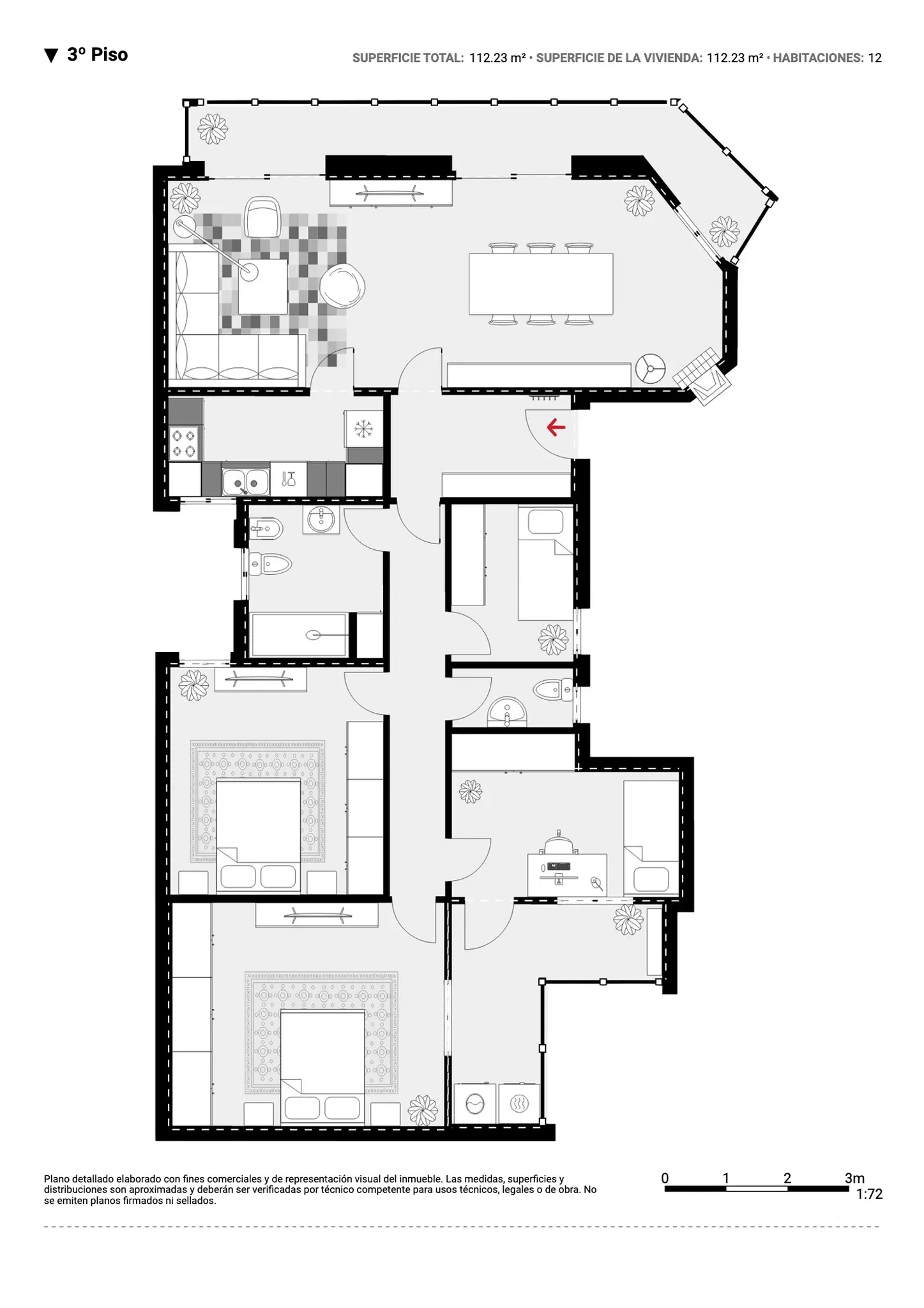 Plano inmobiliario 2D sin medidas del tercer piso en Barcelona con salón comedor, cocina, habitaciones, baños, lavandería y terraza
