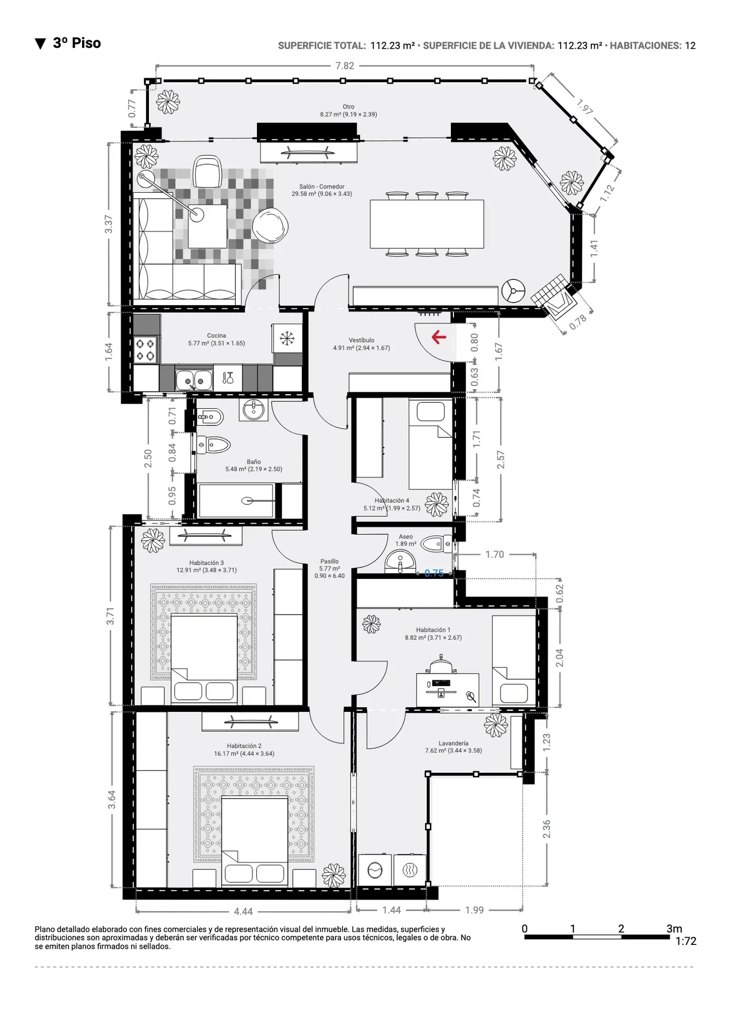 Plano inmobiliario 2D con medidas del tercer piso en Barcelona, vivienda de 112,23 m² con salón comedor, cocina, habitaciones, baños y terraza