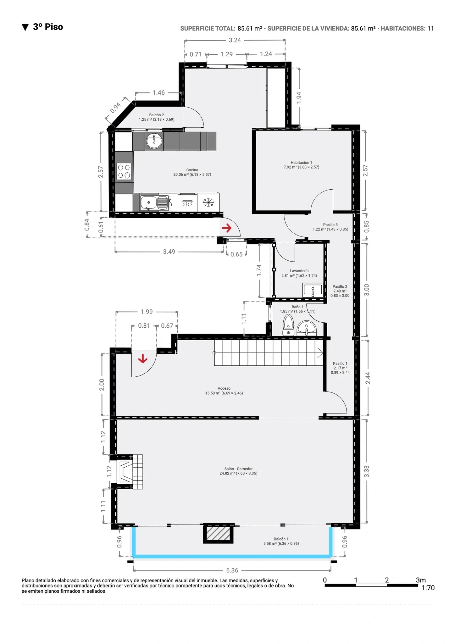 Plano inmobiliario 2D con medidas del tercer piso en Barcelona, vivienda de 85,61 m² con salón comedor, cocina, habitación, baño y balcones