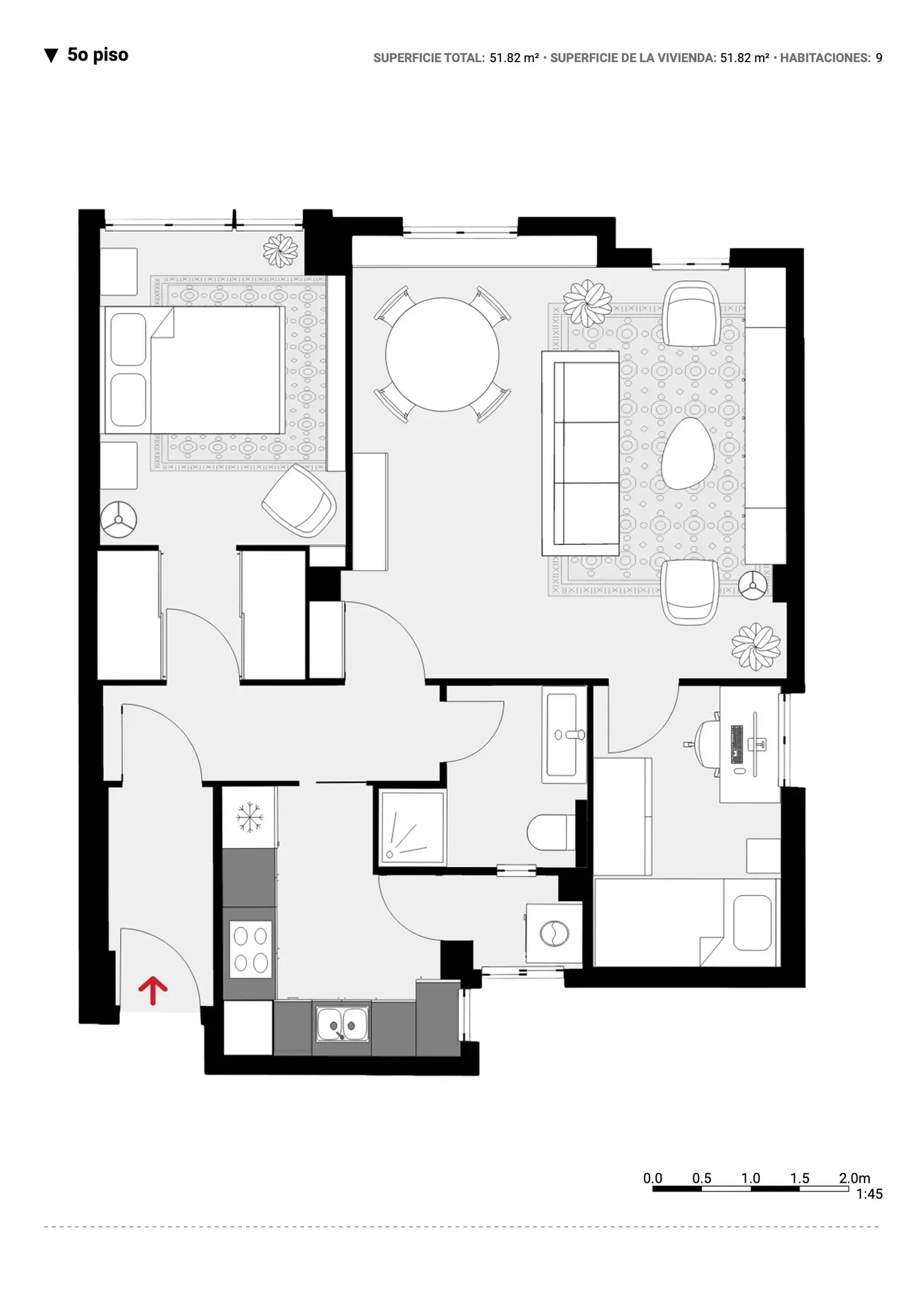 Plano inmobiliario 2D sin medidas del quinto piso en Barcelona, vivienda de 51,82 m² con cocina, salón comedor, dormitorio, despacho, baño y zona de lavado