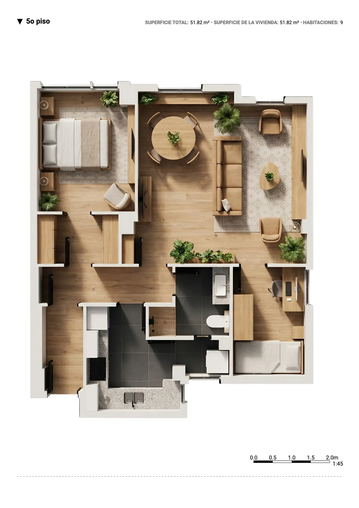 Plano inmobiliario 3D sin medidas del quinto piso en Barcelona, vivienda de 51,82 m² con salón comedor, cocina, dormitorio, baño, lavandería y habitación adicional