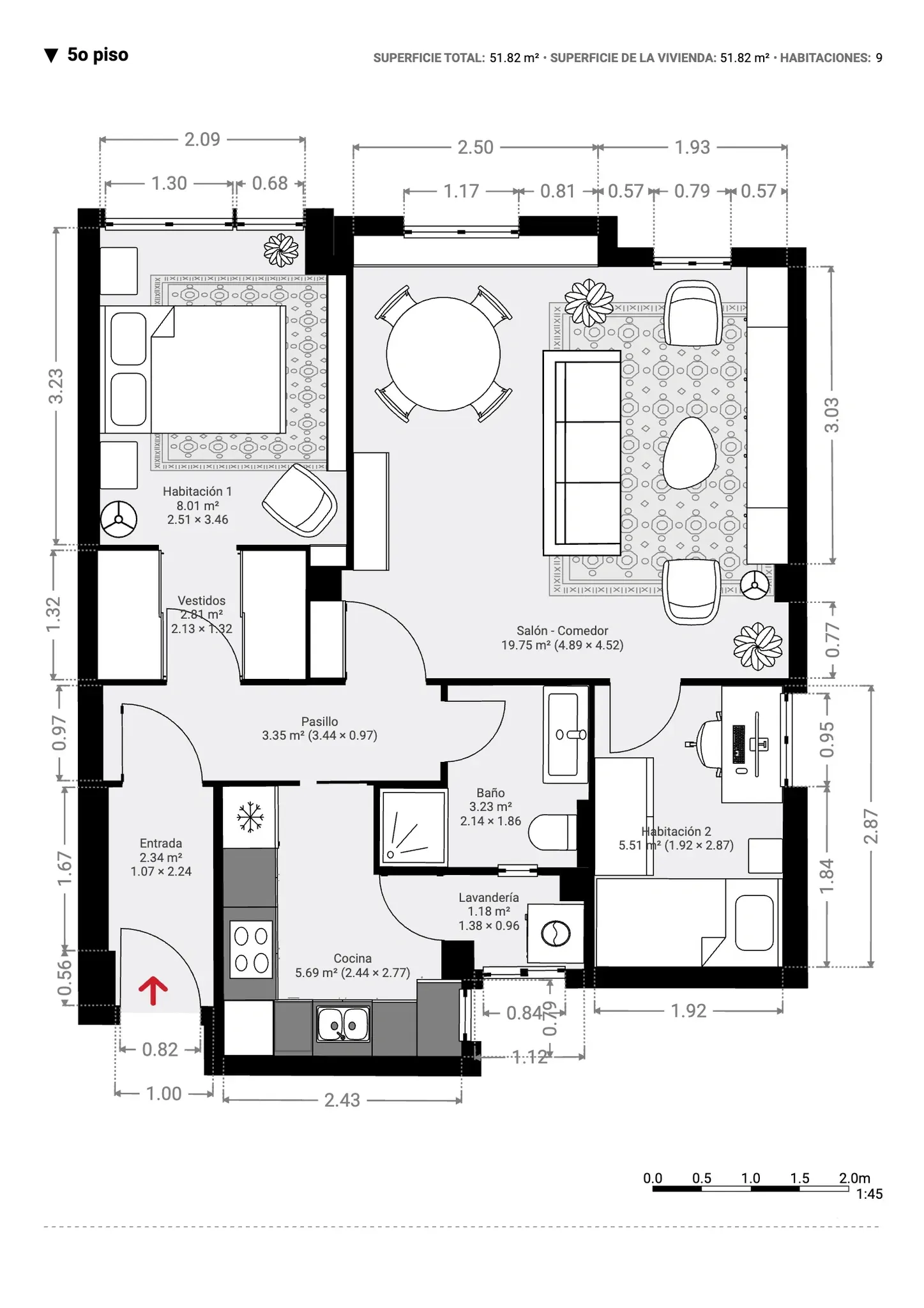 Plano inmobiliario 2D con medidas del quinto piso en Barcelona, vivienda de 51,82 m² con salón comedor, cocina, dormitorio, vestidor, baño, lavandería y habitación adicional