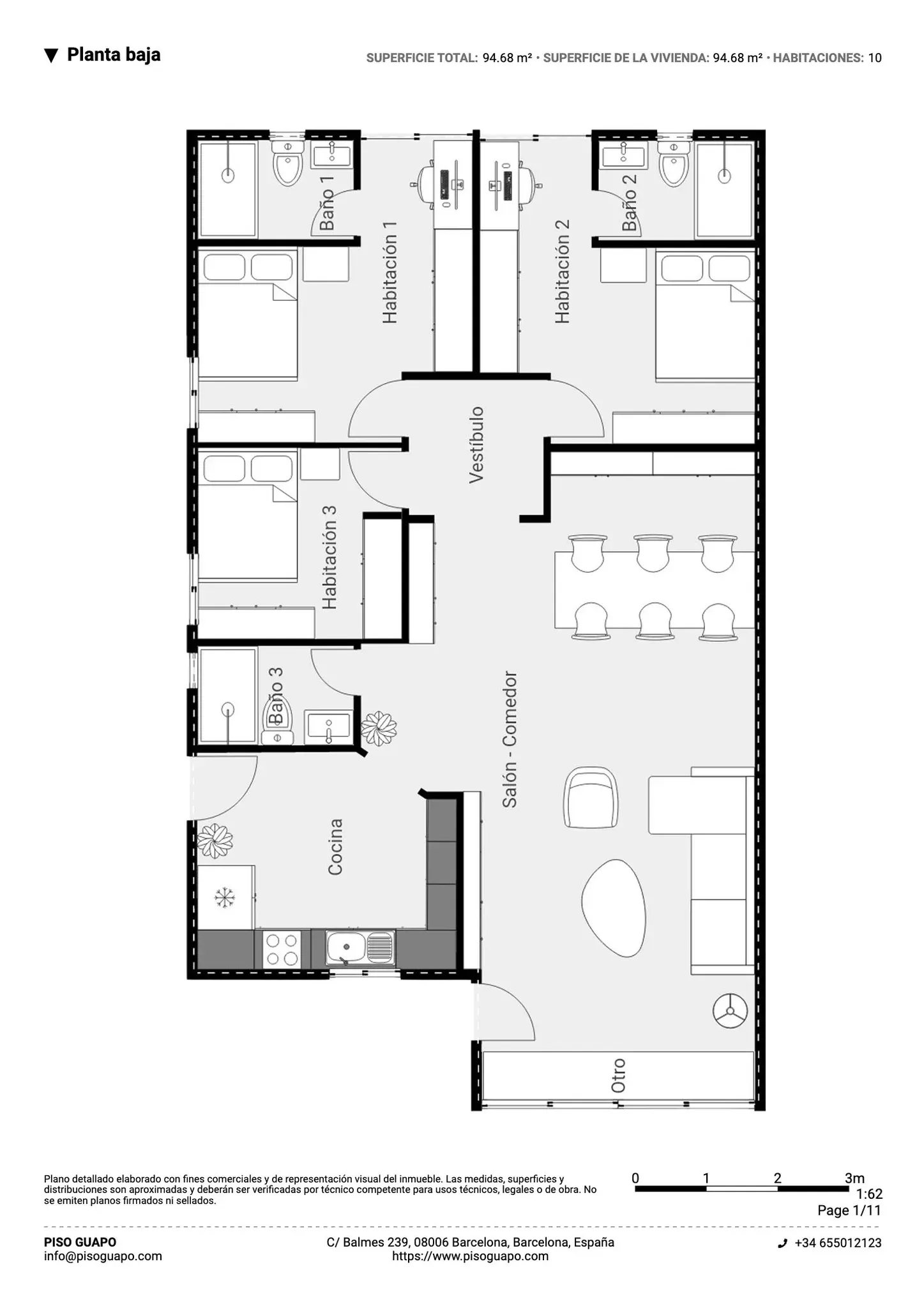 Plano inmobiliario 2D sin medidas de planta baja en Barcelona con tres habitaciones, tres baños, cocina, vestíbulo y salón comedor