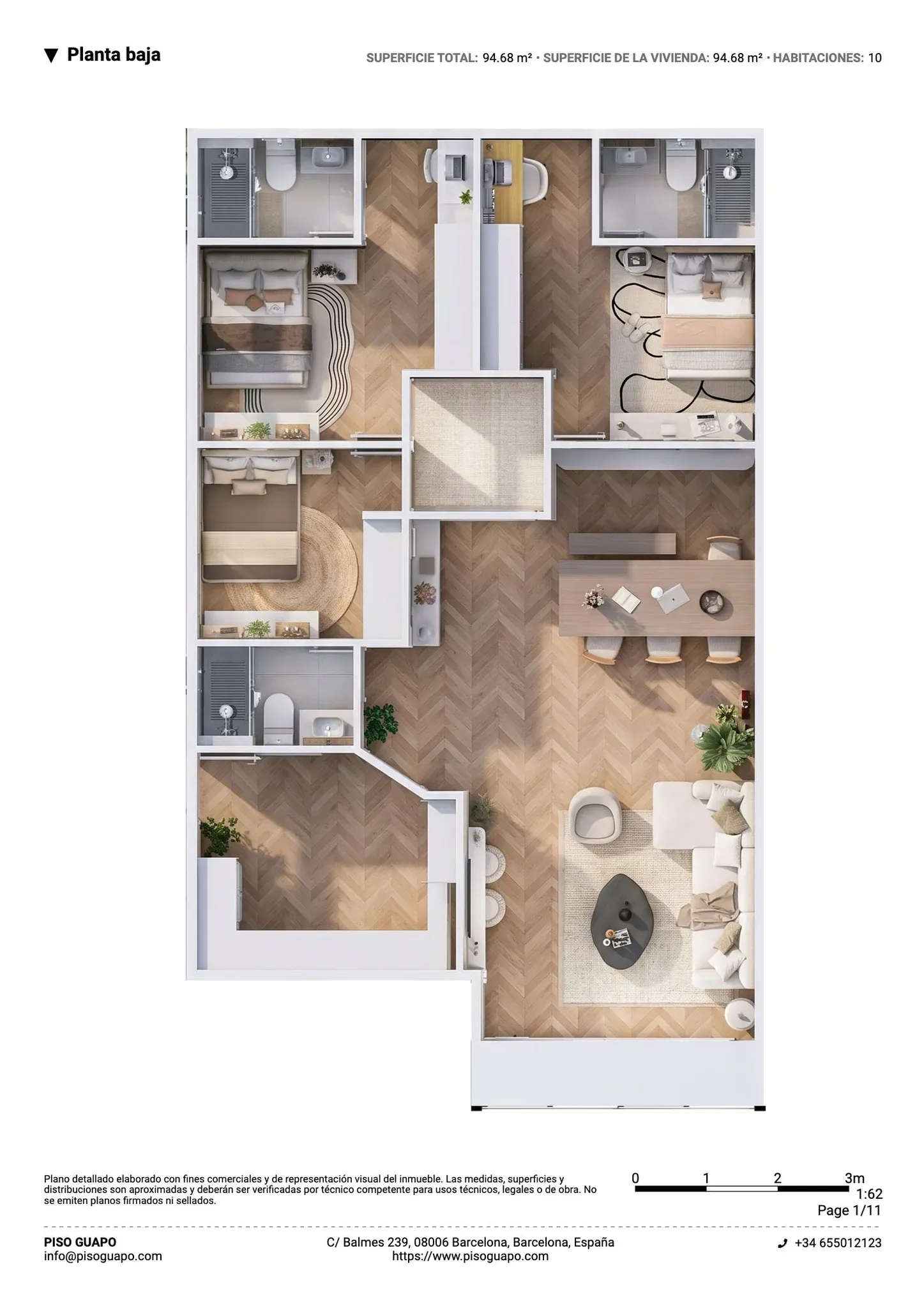 Plano inmobiliario 3D sin medidas de planta baja en Barcelona con tres habitaciones, tres baños, cocina, vestíbulo y salón comedor