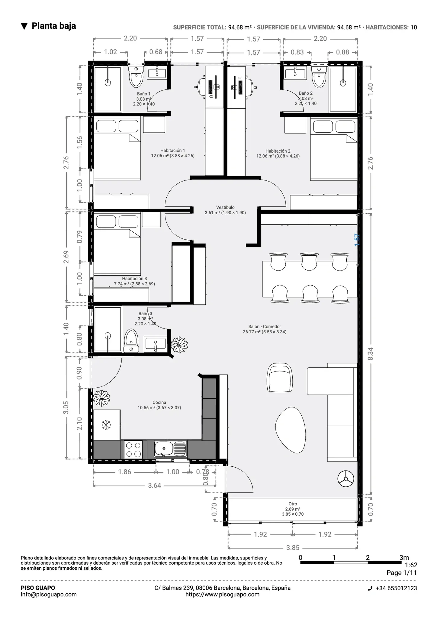Plano inmobiliario 2D con medidas de planta baja en Barcelona, vivienda de 94,68 m² con tres habitaciones, tres baños, cocina y salón comedor