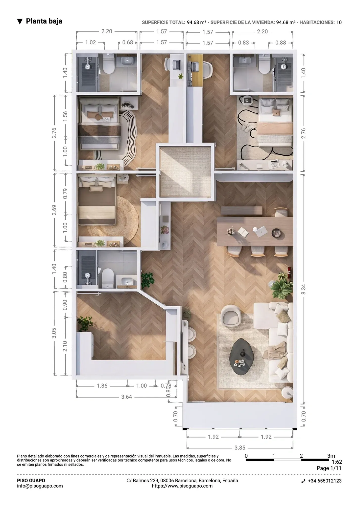 Plano inmobiliario 3D con medidas de planta baja en Barcelona, vivienda de 94,68 m² con tres habitaciones, tres baños, cocina y salón comedor