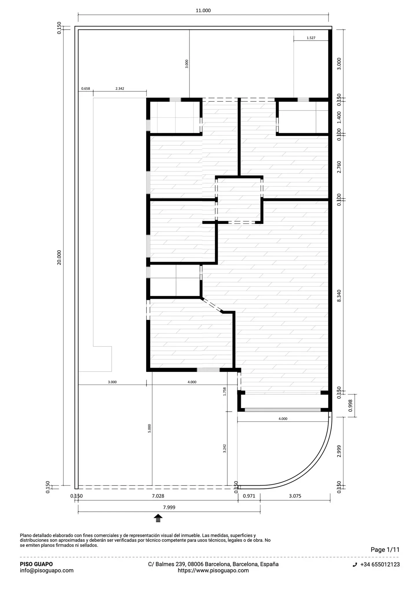 Plano inmobiliario 2D con medidas de parcela y vivienda en Barcelona, con distribución interior, jardín y zona exterior